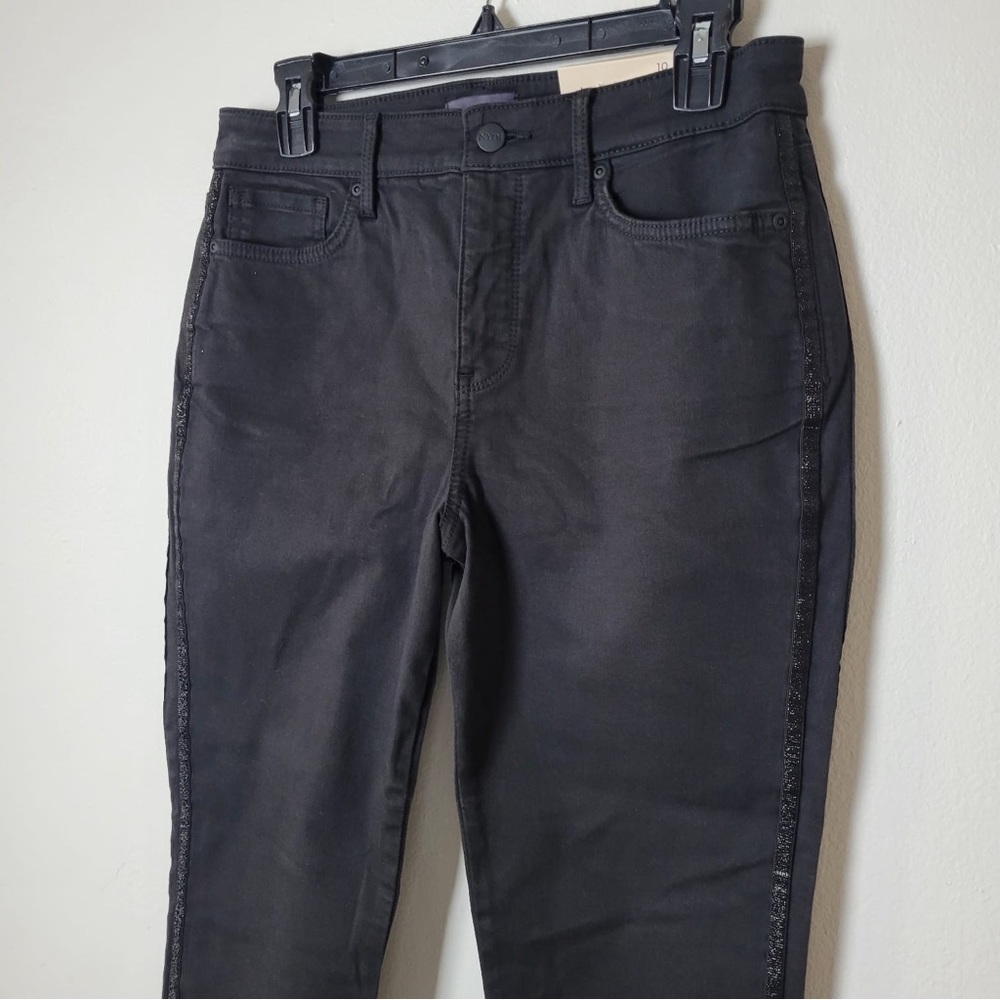 NYDJ Sheri Slim Tuck Jeans with Lurex Side Seam Tape in Storm Black Sz 10